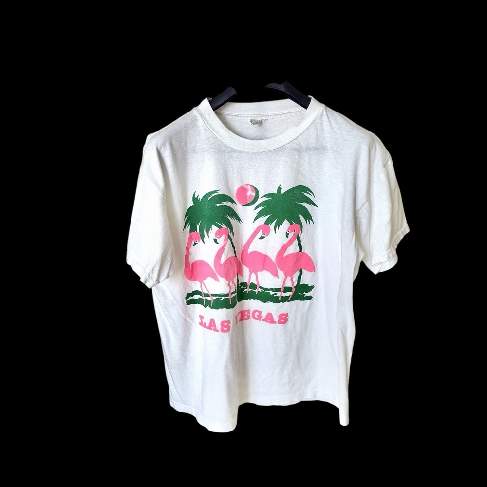 Las Vegas TShirt Sz M/L Flamingo Vintage 90s USA Made White Distressed